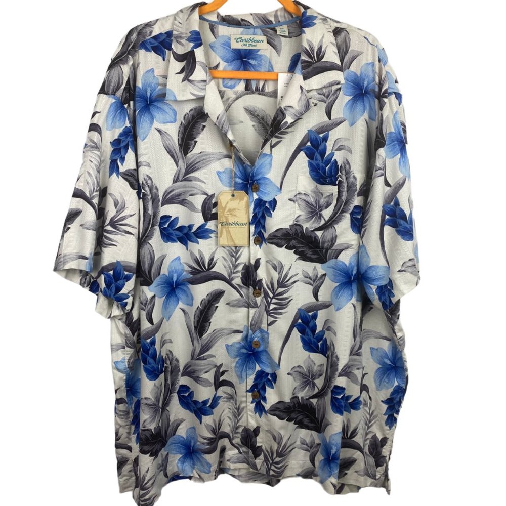 Caribbean Silk Blend Tropical White w/ Blue Flowers Camp Shirt; XXL